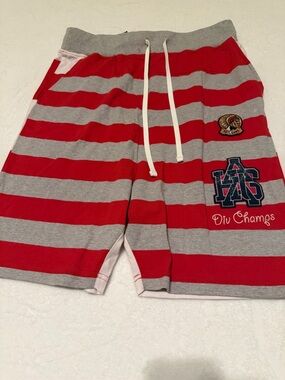 Hustle Gang Red & Gray Striped Athletic Shorts with Patches